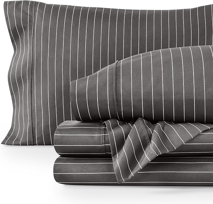 Bare Home California King Sheet Set - Luxury 1800 Ultra- Soft Double Brushed Microfiber - Deep Pockets - Easy Fit - 4 Piece Bedding Sheet Set (California King, Pinstripe - Grey/White)