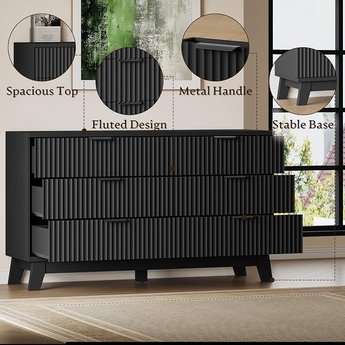 BORNOON 53" Long Dresser for Bedroom, 6-Drawer Dresser with Fluted Fronts, Wide Wood Chest of Drawers, Smooth Metal Slides, Stable Base, Modern Clothes Storage Cabinet for Living Room, Hallway