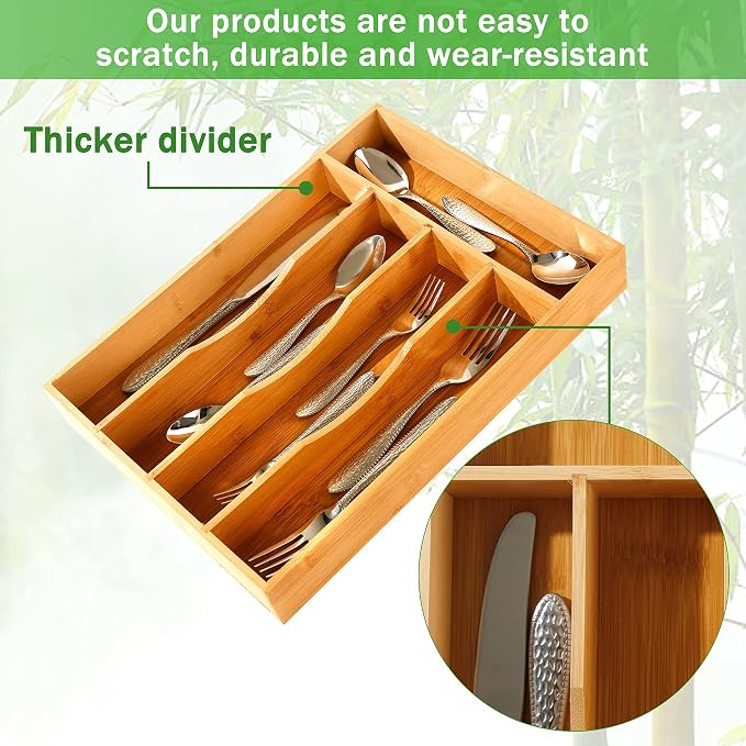 Greenual Silverware Organizer 10 In Utensil Organizer Silverware Tray for Drawer Cutlery Flatware Organizer for Kitchen Bamboo Wood 2 Pack