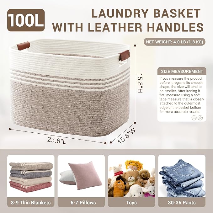 100L Large Woven Laundry Basket Hamper with Leather Handles,Brown | 24"x16"x16", collapsible wicker hamper, storage for dirty clothes, toys, blankets, gifts, living room, bedroom, bathroom