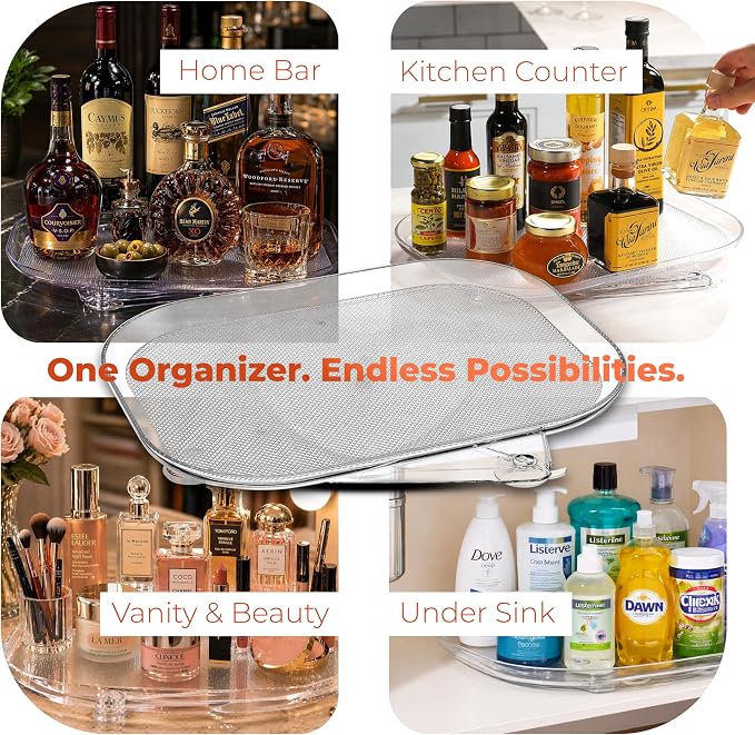 Oizeir Refrigerator Lazy Susan Turntable – Clear Rectangular Fridge Organizer with Suction Cups, 360° Rotating Tray for Side-by-Side Refrigerators, Cabinet & Pantry Organization