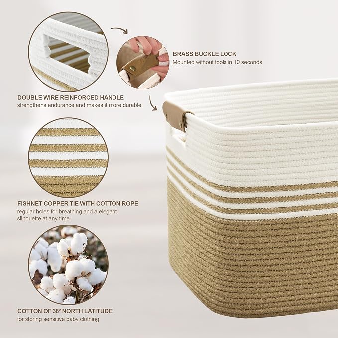 72L Large Woven Laundry Basket Hamper with Leather Handles,Khaki | 22"x17"x12", collapsible wicker hamper, storage for dirty clothes, toys, blankets, gifts, living room, bedroom, bathroom