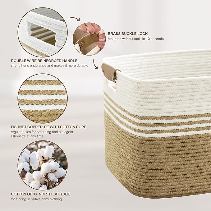 60L Woven Laundry Basket Hamper with Leather Handles,Khaki | 21"x15"x11", collapsible wicker hamper, storage for dirty clothes, toys, blankets, gifts, living room, bedroom, bathroom