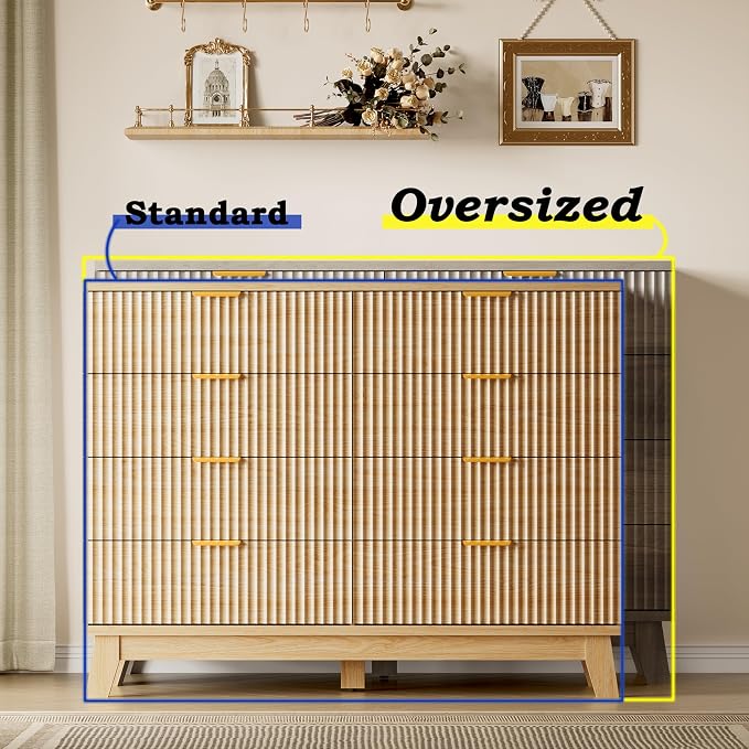 BORNOON Fluted 8 Drawer Tall Dresser, 47.2" Wide Modern Boho Chest of Drawers, Wooden Storage Dresser TV Stand for Bedroom, Living Room, Closet, Hallway, Curved Profile Design