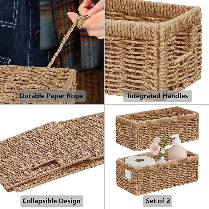 Vagusicc Wicker Storage Basket, Set of 2 Hand Woven Wicker Baskets for Organizing with Handles, Decorative Small Storage Bins for Countertop Toilet Paper Basket for Toilet Tank Top, Shelves, Natural