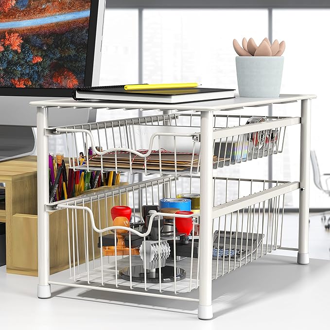 Simple Houseware Stackable 2 Tier Basket Drawer, White