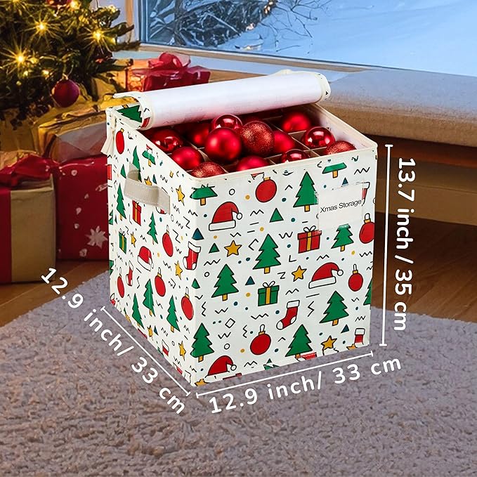 VENO 2 Pack Christmas Ornament Storage Box, Stores up to 64 Holiday Ornaments, Adjustable Dividers, Zippered Top, Storage bins with lids for holiday decorations-3 Inch Cube Compartments (Jingle Mix)