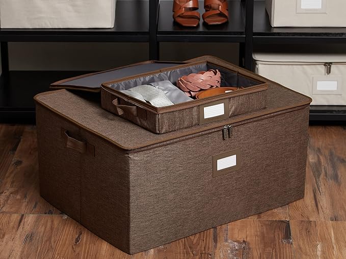 Covermates Keepsakes Zip-Top Storage Box Set, 3 Pack Heavy Duty Polyester Organizer Bins, Stackable Design, ID Window, Reinforced Handles, Closet Home Storage, Brown Heather