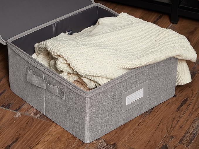 Covermates Keepsakes Zip-Top Storage Box Set, 3 Pack Heavy Duty Polyester Organizer Bins, Stackable Design, ID Window, Reinforced Handles, Closet Home Storage, Grey Heather