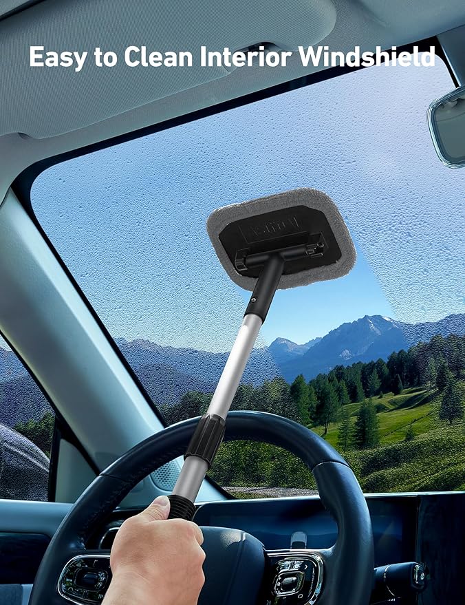 AstroAI Windshield Cleaner Tool, Microfiber Car Window Cleaner with 4 Reusable and Washable Microfiber Pads and Extendable Handle Auto Inside Glass Wiper Kit, Gray