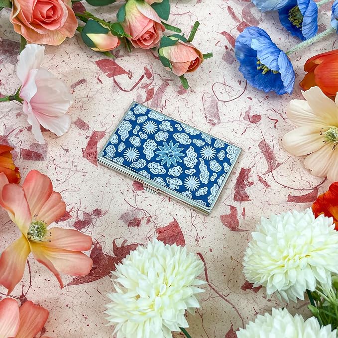 Mother of Pearl Business Card Case Credit Id Name Holder Travel Wallet Art Painting Design Metal Stainless Steel Engraved Slim Purse Pocket Cash Money Wallet (Mum Cloud)