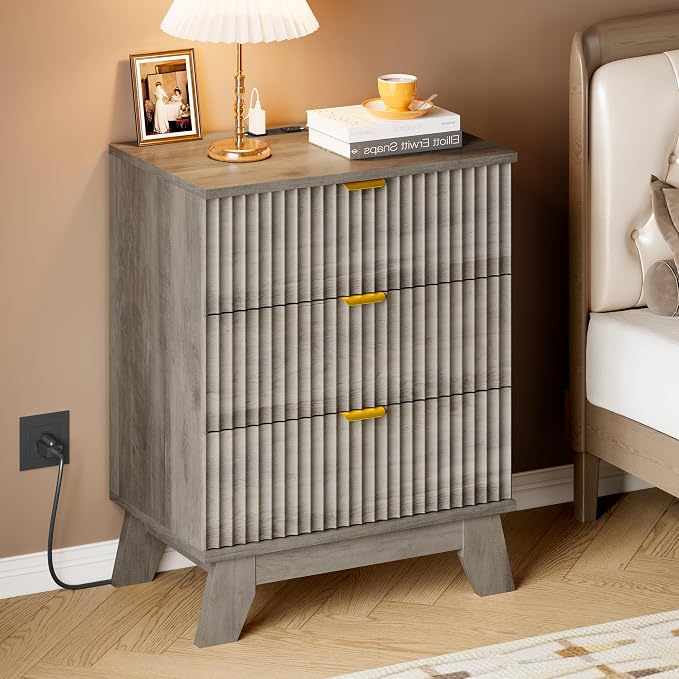 BORNOON 30.5" Nightstand with Charging Station, 3-Drawer Fluted Bedroom Chest, Wood Bedside Dresser with Power Outlets and USB Ports, Metal Slides, Stable Base, Modern Storage Cabinet for Small Spaces