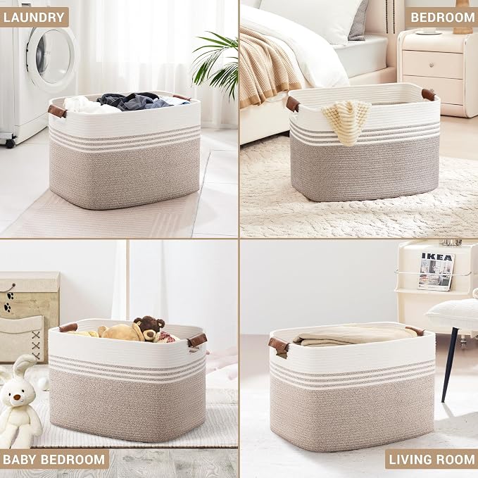 100L Large Woven Laundry Basket Hamper with Leather Handles,Brown | 24"x16"x16", collapsible wicker hamper, storage for dirty clothes, toys, blankets, gifts, living room, bedroom, bathroom