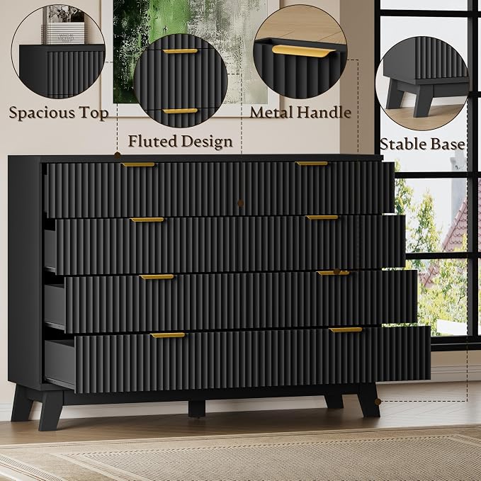 BORNOON Fluted 8 Drawer Tall Dresser, 47.2" Wide Modern Boho Chest of Drawers, Wooden Storage Dresser TV Stand for Bedroom, Living Room, Closet, Hallway, Curved Profile Design