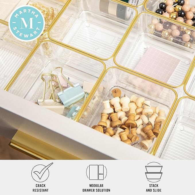 Martha Stewart Kerry Plastic Stackable Office Desk Drawer Organizers, 3" x 3", 12 Pack, with Gold Trim