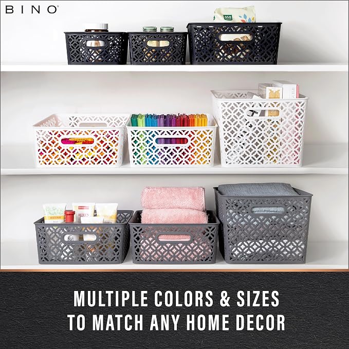 BINO l Plastic Storage Baskets, Large - Grey l THE BLOSSOM COLLECTION l Multi-Use Organizer Bin l Built-in Handles l Plastic Woven Basket for Organizing l Pantry & Home Organizing Basket