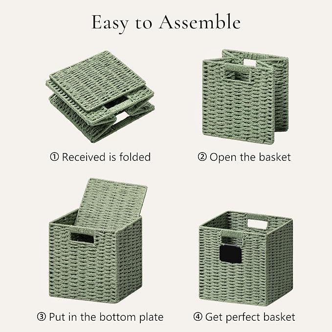 UBBCARE 4 Pack Wicker Basket, 12×12 Storage Cubes with Label, Foldable Cube Storage Bin with Handle, Square Storage Basket for Shelves, Woven Paper Rope Basket for Organizing, Dark Green