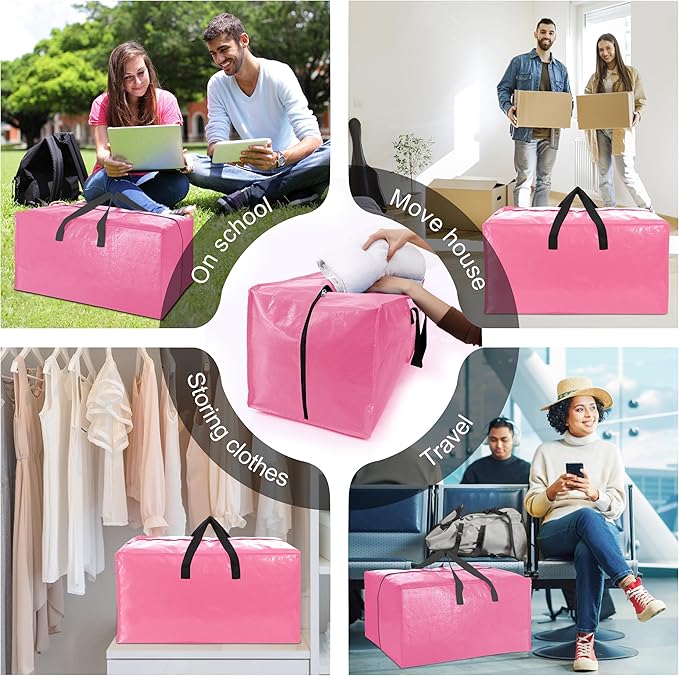 VELVETSURE 6 Pack Heavy Duty Large Moving Bags W/Backpack Straps - Strong Handles & Zippers, Storage Totes For Space Saving, Fold Flat, Alternative to Moving Box and Storage Bin, Pink