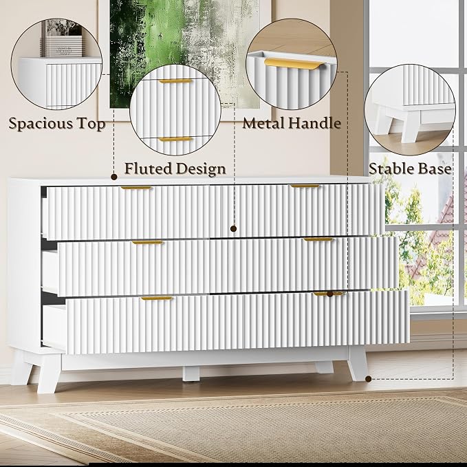 BORNOON Fluted 6 Drawer Dresser, 47.2" Wide Modern Boho Chest of Drawers, Wooden Storage Dresser TV Stand for Bedroom, Living Room, Closet, Hallway, Curved Profile Design
