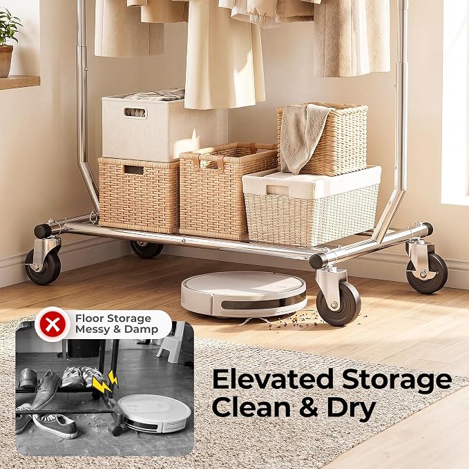 HOKEEPER Clothes Rack, Rolling Clothing Racks for Hanging Clothes, Portable Clothes Rack with Lockable Wheels, Commercial Heavy Duty Garment Rack for Bedroom, Living Room, Laundry, Balcony Collapsible