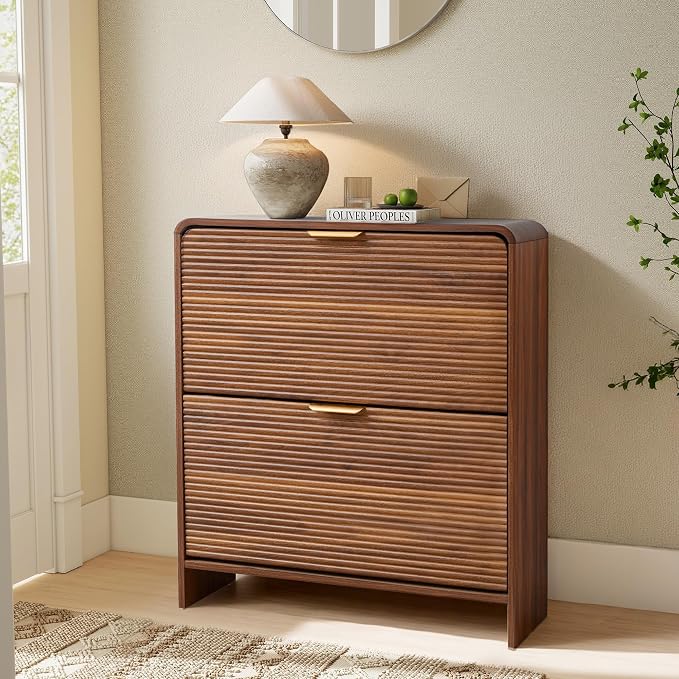 RARZOE Fluted Shoe Cabinet with 2 Flip Drawers, 29.5''Walnut | Narrow Curved Shoe Storage Cabinet, Freestanding Wood Hidden Shoe Organizer Closed Shoe Rack for Entryway Foyer, Hallway