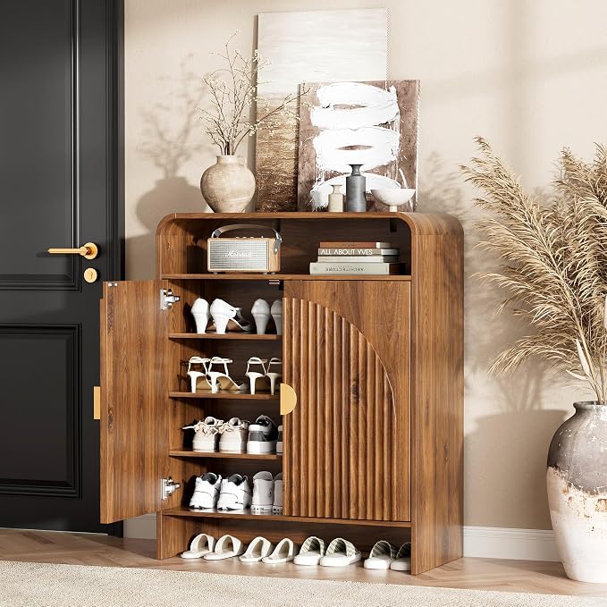 Maupvit Modern Shoe Cabinet for Entryway, Shoe Storage Cabinet with Fluted Doors, Wood Shoe Organizer with Open Shelves & Golden Handles, Freestanding Shoe Rack for Hallway, Living Room, Walnut