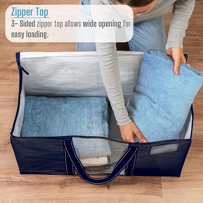 VENO 4 Pack Moving Bags with Clear Window, Heavy Duty Storage Bins with Lid, Around Handles, Tag, Zippers, Extra Large Totes Packing Moving Boxes Supplies for College Dorm Clothes, (Blue, 4 Packs)