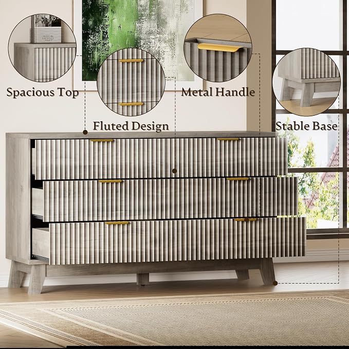BORNOON Fluted 6 Drawer Dresser, 47.2" Wide Modern Boho Chest of Drawers, Wooden Storage Dresser TV Stand for Bedroom, Living Room, Closet, Hallway, Curved Profile Design