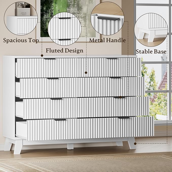 BORNOON 53" Wide Dresser for Bedroom, 8-Drawer Fluted Chest of Drawers, Modern Wood Highboy with Metal Slides and Handles, Anti-Tip Kit, Vertical Clothes Storage Organizer for Apartment, Closet