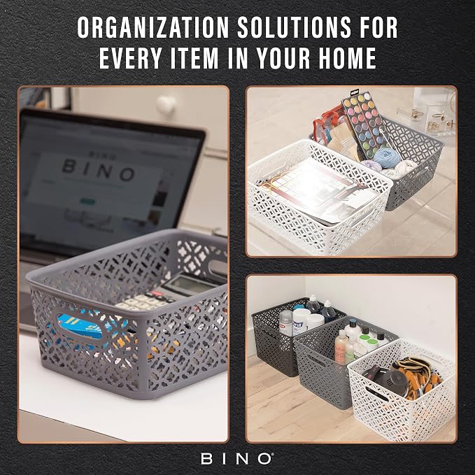 BINO l Plastic Storage Baskets, Medium - Grey | THE BLOSSOM COLLECTION l Multi-Use Organizer Bin l Built-in Handles l Plastic Woven Basket for Organizing l Pantry & Home Organizing Basket