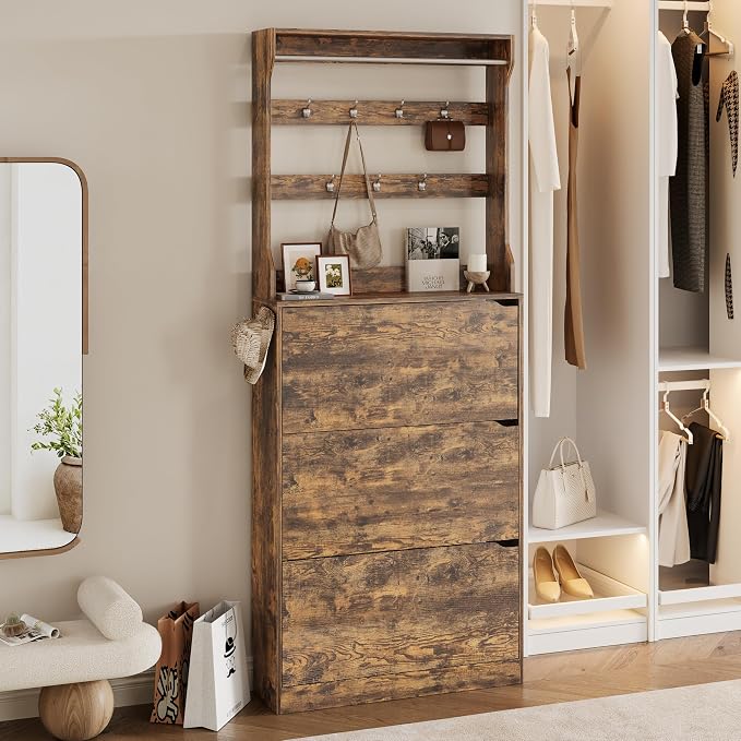 Wodeer Tall Shoe Cabinet with Coat Rack, Hidden Shoe Storage Cabinet with Doors & Drawer, Hanging Bar & Hooks, Slim Narrow Freestanding Shoe Rack Organizer for Entryway, Hallway & Living Room, Brown