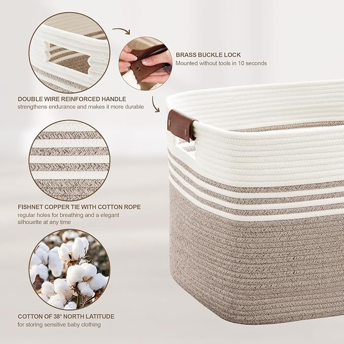 72L Large Woven Laundry Basket Hamper with Leather Handles,Brown | 22"x17"x12", collapsible wicker hamper, storage for dirty clothes, toys, blankets, gifts, living room, bedroom, bathroom