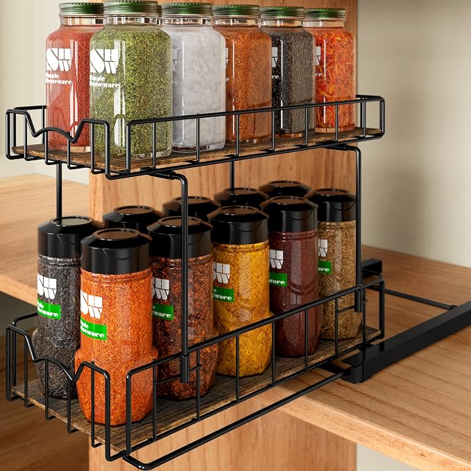 Simple Houseware 2-Tier Spice Rack Slide Out Wire Basket Drawer, Black | 2-Tier Spice Rack Slide Out Wire Basket Drawer Organizer