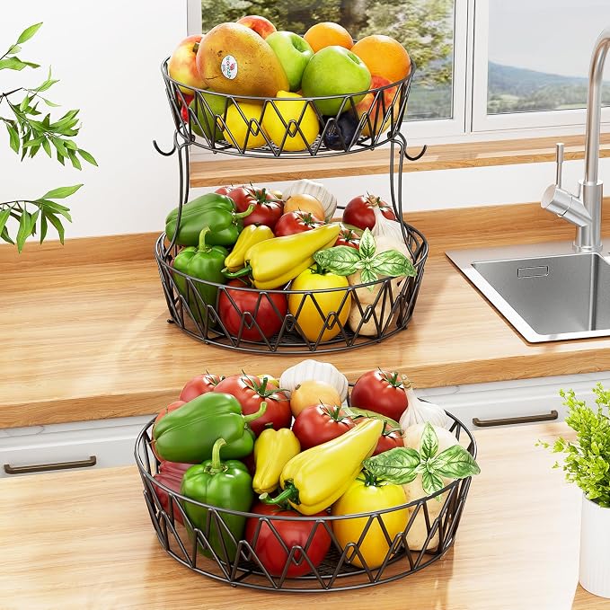2 Tier Fruit Basket for Kitchen Counter with 2 Banana Hangers,Black Round | 2-Tier Fruit Basket Bowl Stackable Vegetable Storage for Kitchen Countertop, Metal Wire Basket for Bread Onions Potatoes