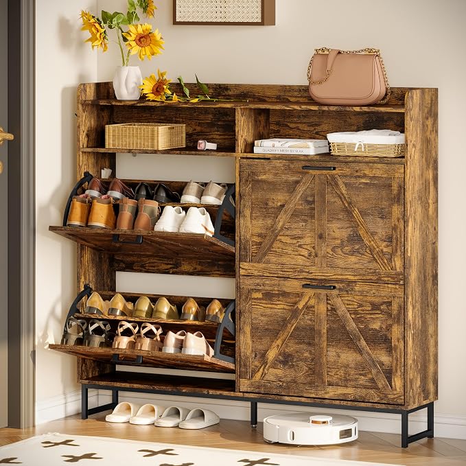 Wodeer Shoe Cabinet Storage for Entryway, Shoe Storage Cabinet with 4 Flip Drawers, Freestanding Narrow Shoe Rack Organizer with Metal Legs, Adjustable Shelves & Open Storage for Foyer, Hallway, Brown