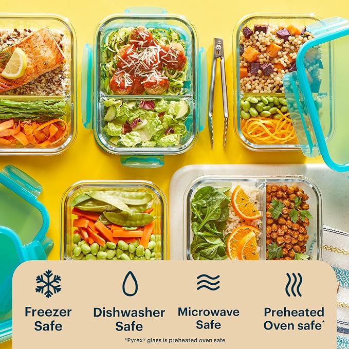 Pyrex Glass Meal Box (5-Pack, 4 Cup) Divided Compartments, Locking Lids | For meal prepping and portioning, BPA-Free, microwave & dishwasher safe