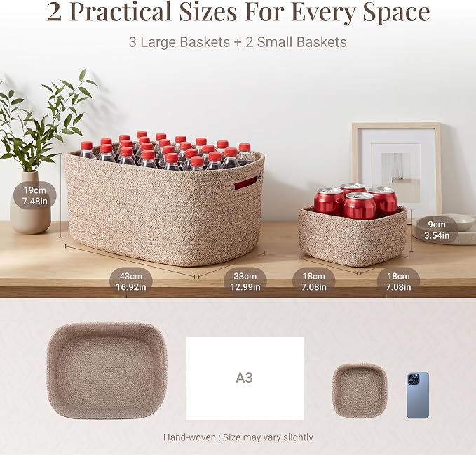 5-Pack Large Woven Rope Storage Baskets, 2 Sizes Organizer Bins | Fabric Cube Boxes and Rectangular Shallow Bins for Closet, Shelf, Bookshelf, Nursery, Changing Table, Bathroom, Toys & Home