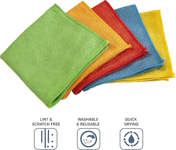 Eurow Microfiber Ultra-Absorbent Cleaning Cloths, Lint-Free & Streak-Free, Reusable & Machine Washable, Home, Kitchen, Auto Detailing, 5 Colors for Easy Organization, 11.5 x 11.5 Inch, 25-Pack