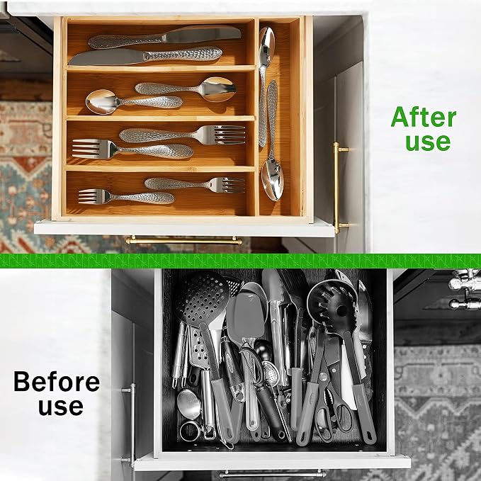 Greenual Silverware Organizer 10 In Utensil Organizer Silverware Tray for Drawer Cutlery Flatware Organizer for Kitchen Bamboo Wood 2 Pack