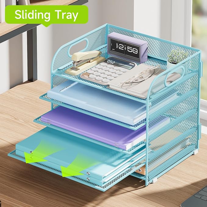 Cawukege 5 Tier Paper Organizer with Handle, Blue Metal Mesh Desk Organizer File Folder Paper Letter Tray Desktop Document Sorter for Classroom, School, Office Accessories Organization and Storage