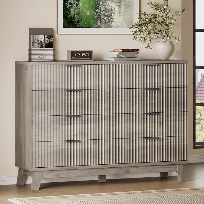 BORNOON 53" Wide Dresser for Bedroom, 8-Drawer Fluted Chest of Drawers, Modern Wood Highboy with Metal Slides and Handles, Anti-Tip Kit, Vertical Clothes Storage Organizer for Apartment, Closet