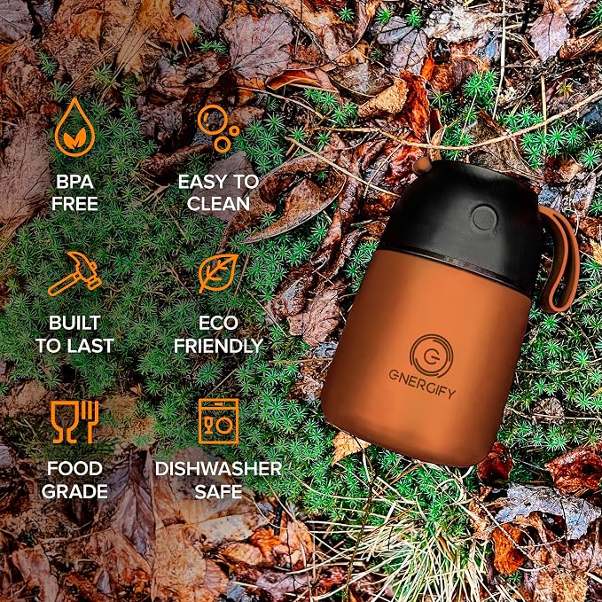 ENERGIFY Vacuum Insulated Food Jar. Large 17oz Bowl incl Folding Spoon, Cup. Wide Mouth Keep Hot & Cold Drinks Soup Lunch Container for Adults BPA-Free Stainless Steel, Leak Prooff Spiced copper