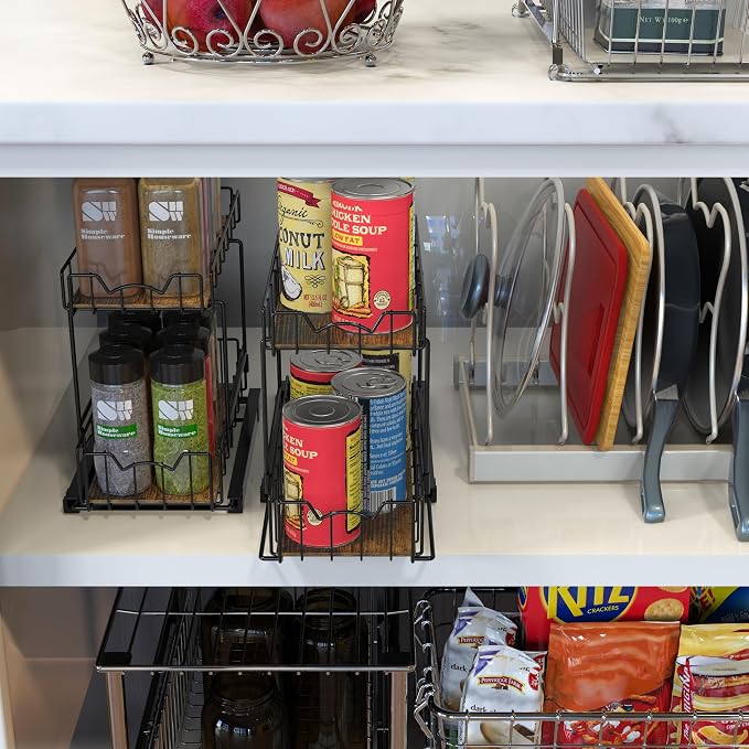 Simple Houseware 2-Tier Spice Rack Slide Out Wire Basket Drawer, Black | 2-Tier Spice Rack Slide Out Wire Basket Drawer Organizer