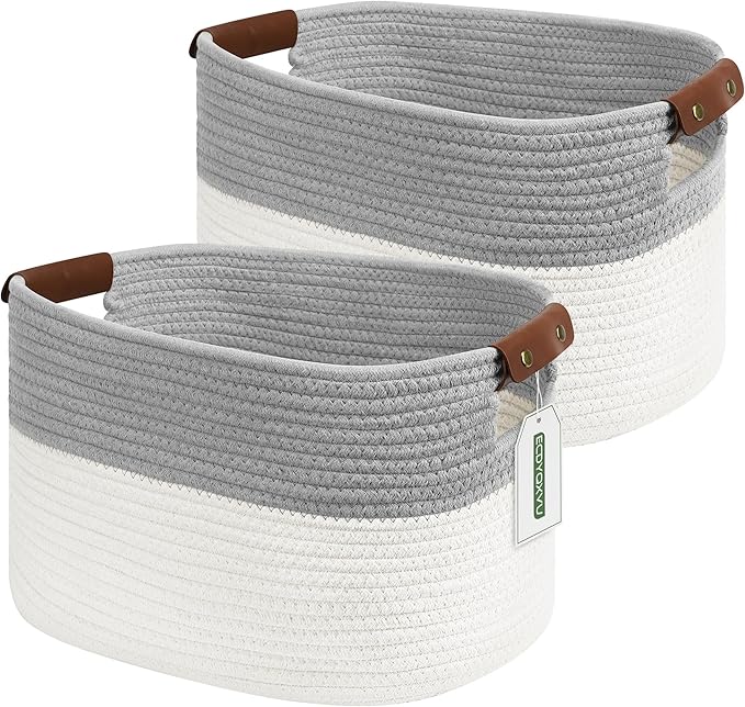 ECDYQXVU 15x10x9 Woven Cotton Rope Storage Basket, Leather Handles 2 Pack | Foldable Design, Sturdy PU Handles, Easy to Clean Organizer for Living Room, Closet, Shelves, Bedroom, Laundry, Clothes