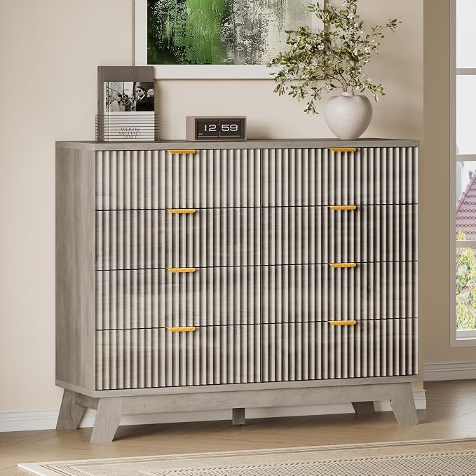 BORNOON Fluted 8 Drawer Tall Dresser, 47.2" Wide Modern Boho Chest of Drawers, Wooden Storage Dresser TV Stand for Bedroom, Living Room, Closet, Hallway, Curved Profile Design