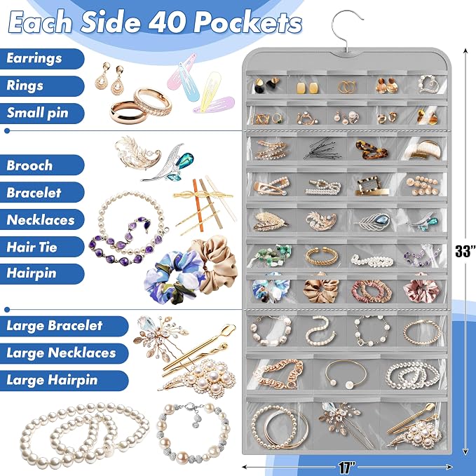 Simple Houseware 80-Pocket Hanging Jewelry Organizer with 5 Sizes, 2 Pack | for All Types of Accessories, Gray