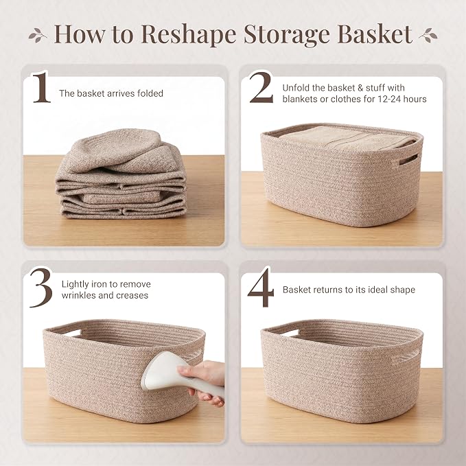 4-Pack Large Woven Rope Storage Baskets, 2 Sizes Organizer Bins | Fabric Cube Boxes and Rectangular Shallow Bins for Closet, Shelf, Bookshelf, Nursery, Changing Table, Bathroom, Toys & Home