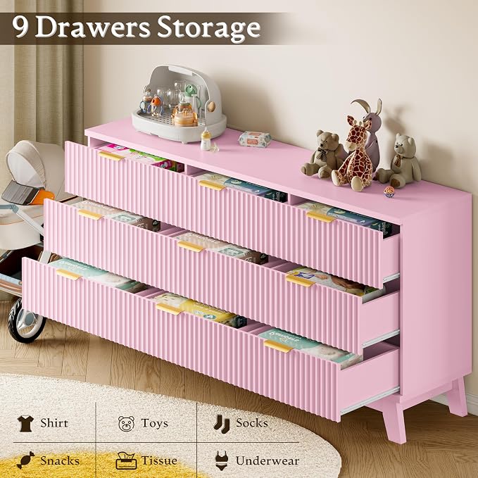 BORNOON Fluted 9 Drawer Dresser, 57.1" Wide Modern Boho Chest of Drawers, Wooden Storage Dresser TV Stand for Bedroom, Living Room, Closet, Hallway, Curved Profile Design