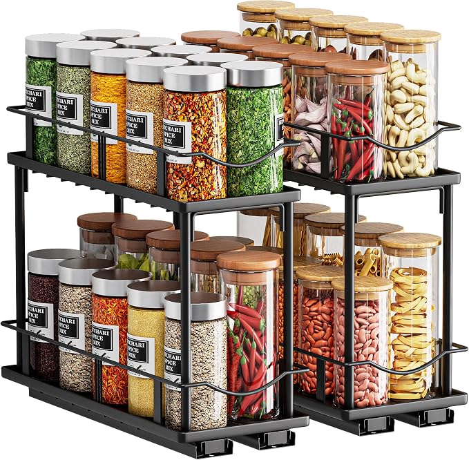 1 Packs Pull Out Spice Rack Organizer for Cabinet, 2-Tier Slide Out Seasoning Organizer, Narrow Cabinet Spice Rack, 10.7" Dx4.8 Wx8.85 H, Full Extension Ball Bearing Glides, Kitchen Pantry Organizer
