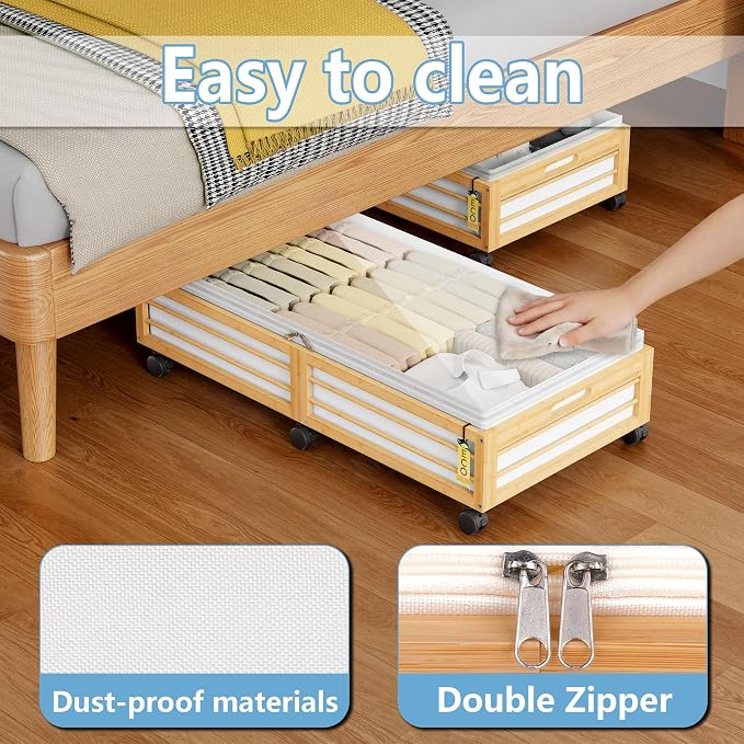 Under Bed Storage Containers with Wheels, Larger Bamboo Wood Under Furniture Storage Containers with Dust Bags，Rolling for Shoes Clothes